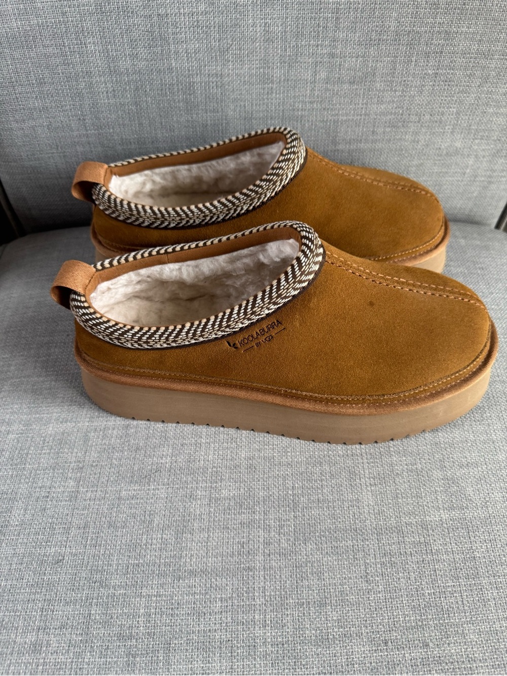 Koolaburra Tan Suede Platform Shearling Lined Clog Mules